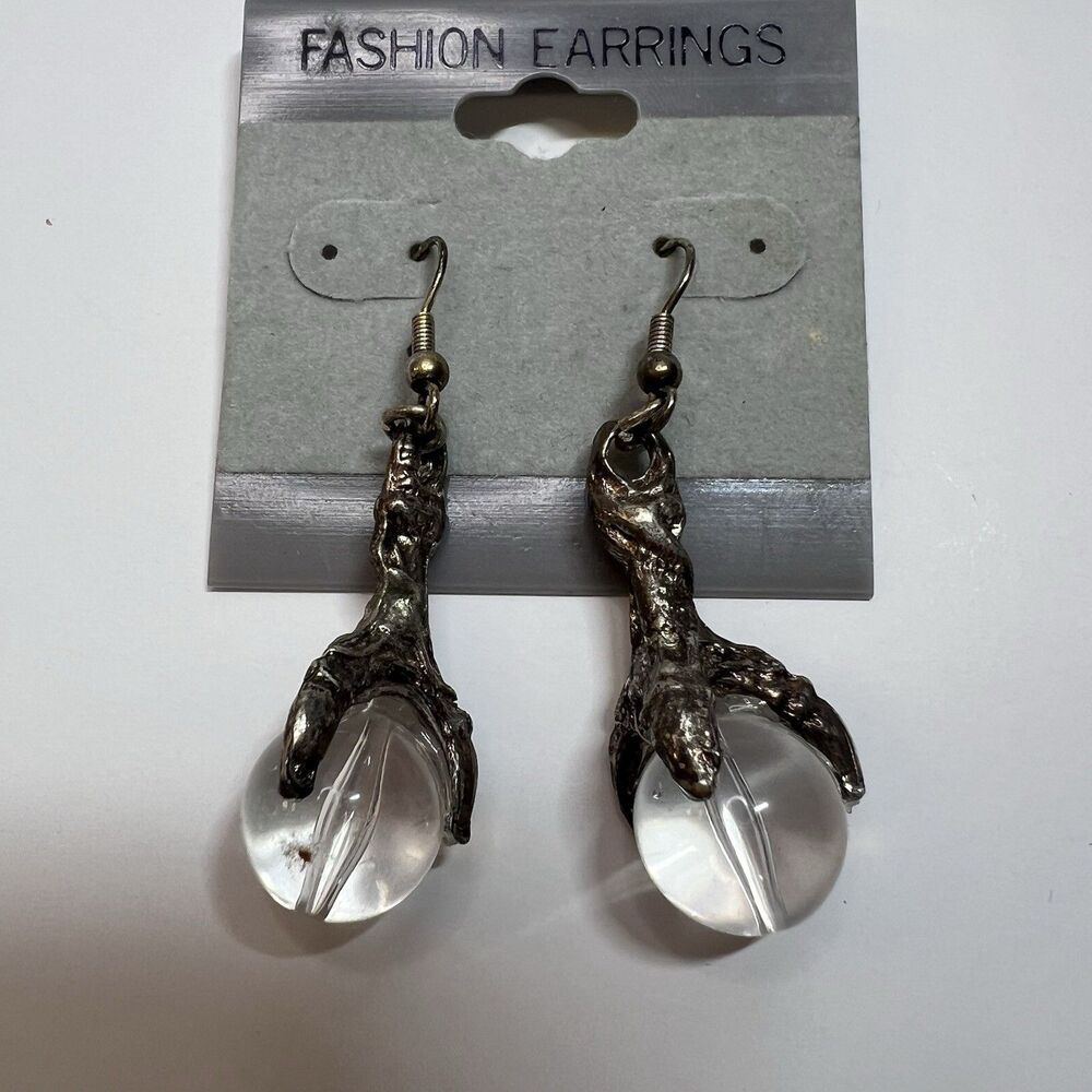 Vtg Dragon Claw Crystal Ball Earrings Goth Witchy Gothic Pagan Drop Dangle Korea